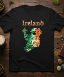 Black t-shirt with an artistic map of Ireland filled with Celtic knotwork in green, white, and orange, and a Celtic