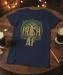 Navy t-shirt with "IRISH AF" text and a Celtic tree of life graphic in gold and green