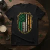 Irish American flag crest design on a black t-shirt, featuring shamrocks and green, white, and orange stripes