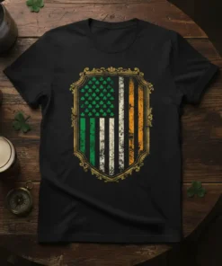 Irish American flag crest design on a black t-shirt, featuring shamrocks and green, white, and orange stripes