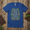 Blue t-shirt with an ornate Celtic design featuring birds, shamrocks, and the full Irish blessing quote "The Road To Meet