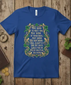 Blue t-shirt with an ornate Celtic design featuring birds, shamrocks, and the full Irish blessing quote "The Road To Meet