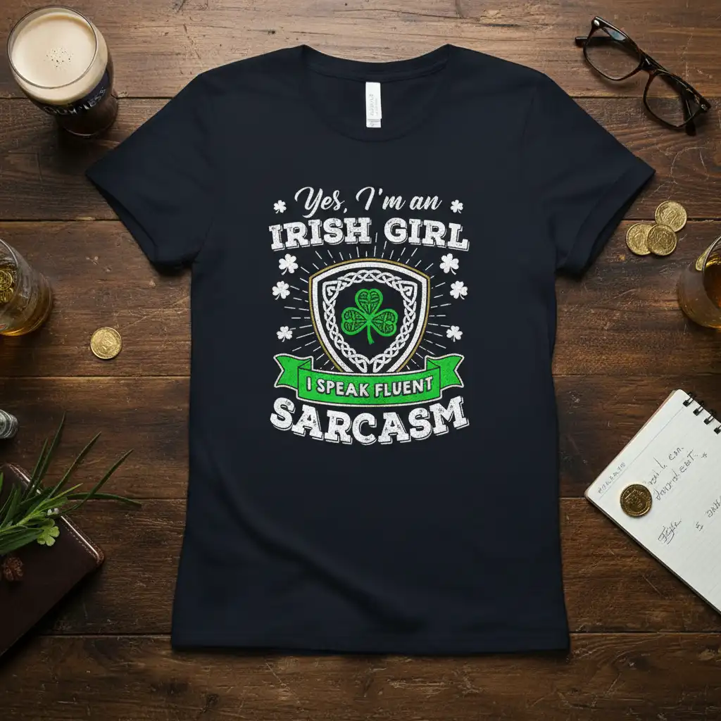 Yes, I'm an Irish Girl I Speak Fluent Sarcasm quote on a dark t-shirt with shamrock shield graphic