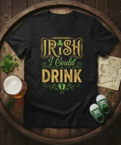 Black t-shirt with gold and green text that reads "IRISH I Could DRINK" and shamrock graphics, perfect for St. Patrick's