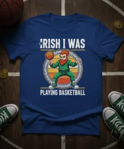 Irish I Was Playing Basketball t-shirt design with a leprechaun dribbling a basketball