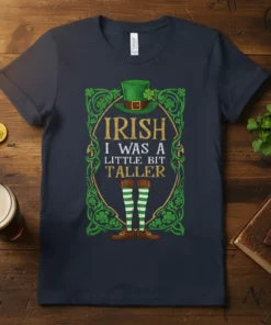 Irish I Was A Little Bit Taller quote with leprechaun hat and striped socks on a navy t-shirt
