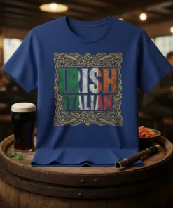 Irish Italian heritage t-shirt design with green, white, and orange flag colors within an ornate gold frame