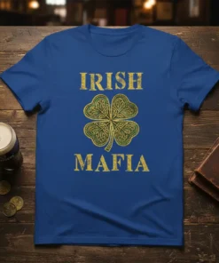 Royal blue t-shirt with "IRISH MAFIA" text above a green and gold ornate shamrock design
