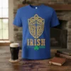 Blue t-shirt with yellow distressed "IRISH PRIDE" text and a Celtic knot shield graphic with a green shamrock