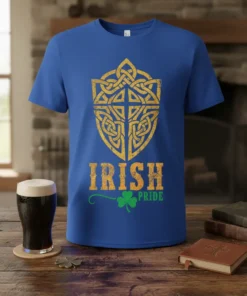 Blue t-shirt with yellow distressed "IRISH PRIDE" text and a Celtic knot shield graphic with a green shamrock