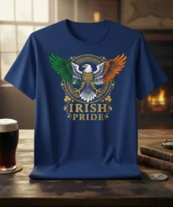 Eagle with Irish flag wings and "Irish Pride" text on a navy blue t-shirt
