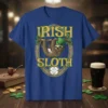 Irish Sloth t-shirt design featuring a sloth wearing a green hat and the words "Irish Sloth" in gold letters