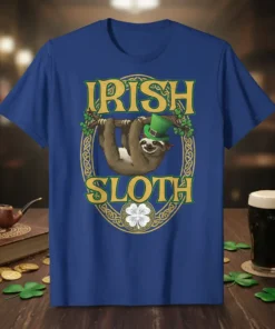 Irish Sloth t-shirt design featuring a sloth wearing a green hat and the words "Irish Sloth" in gold letters