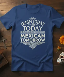 Irish Today Mexican Tomorrow t-shirt with white distressed text and Celtic and Aztec-inspired graphic elements