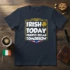 Irish Today Puerto Rican Tomorrow t-shirt with white text and a gold shamrock, featuring a Puerto Rican flag accent