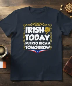 Irish Today Puerto Rican Tomorrow t-shirt with white text and a gold shamrock, featuring a Puerto Rican flag accent