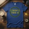 Blue t-shirt with "IRISH TWIN #1" text inside a green Celtic knot circle with shamrocks