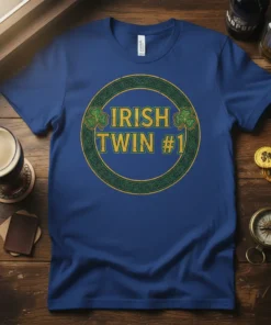 Blue t-shirt with "IRISH TWIN #1" text inside a green Celtic knot circle with shamrocks