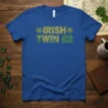 Irish Twin #2 text with shamrocks on a royal blue t-shirt, ideal for St. Patrick's Day celebrations