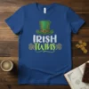 Blue t-shirt with "IRISH TWINS" text in white and green, featuring a green leprechaun hat and shamrocks