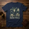Irish Yoga t-shirt design featuring four leprechauns in comical yoga poses, surrounded by shamrocks and beer mugs