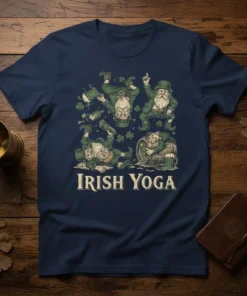 Irish Yoga t-shirt design featuring four leprechauns in comical yoga poses, surrounded by shamrocks and beer mugs