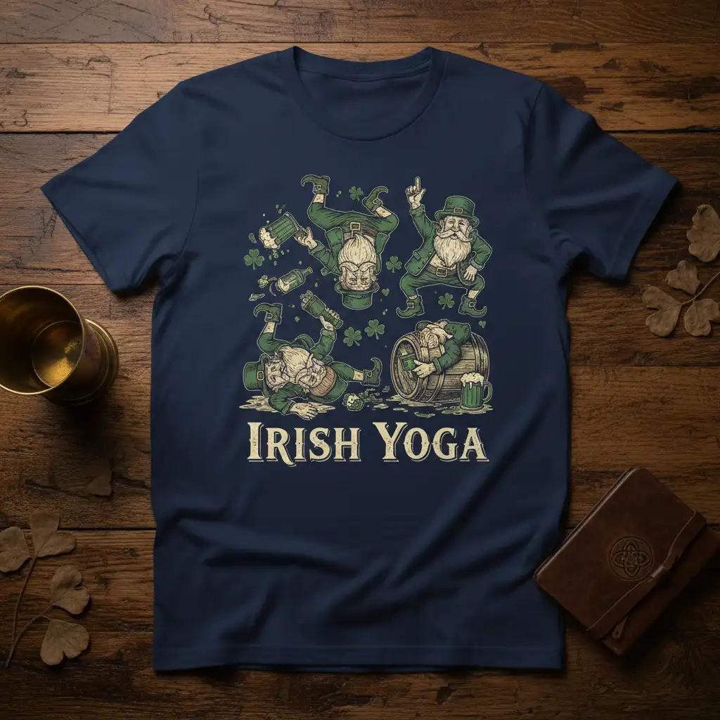 Irish Yoga graphic tee showcasing leprechauns in silly yoga poses with beer and shamrocks, perfect for St. Patrick's Day