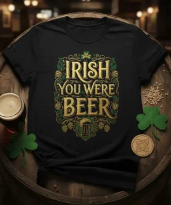 Black t-shirt with gold and green "Irish You Were Beer" text, shamrocks, and hops design