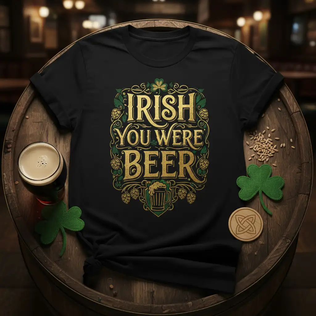 Irish You Were Beer witty phrase in gold ornate typography with shamrocks and hops on black t-shirt