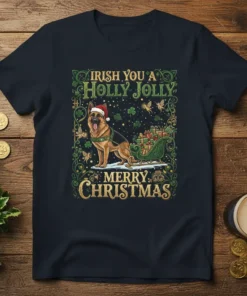 German Shepherd wearing a Santa hat pulling a sleigh filled with presents, text says "Irish You A Holly Jolly Merry