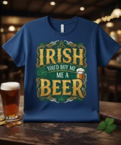 Irish You'd Buy Me A Beer quote with shamrocks and a beer mug graphic on a dark blue t-shirt