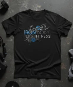 Black t-shirt with IRON BODY FITNESS text and dumbbell graphic, featuring gears and a grunge effect