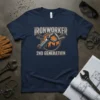 Ironworker 2nd Generation T-Shirt featuring bold text and a robotic arm graphic with a city skyline