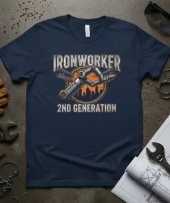Ironworker 2nd Generation T-Shirt featuring bold text and a robotic arm graphic with a city skyline