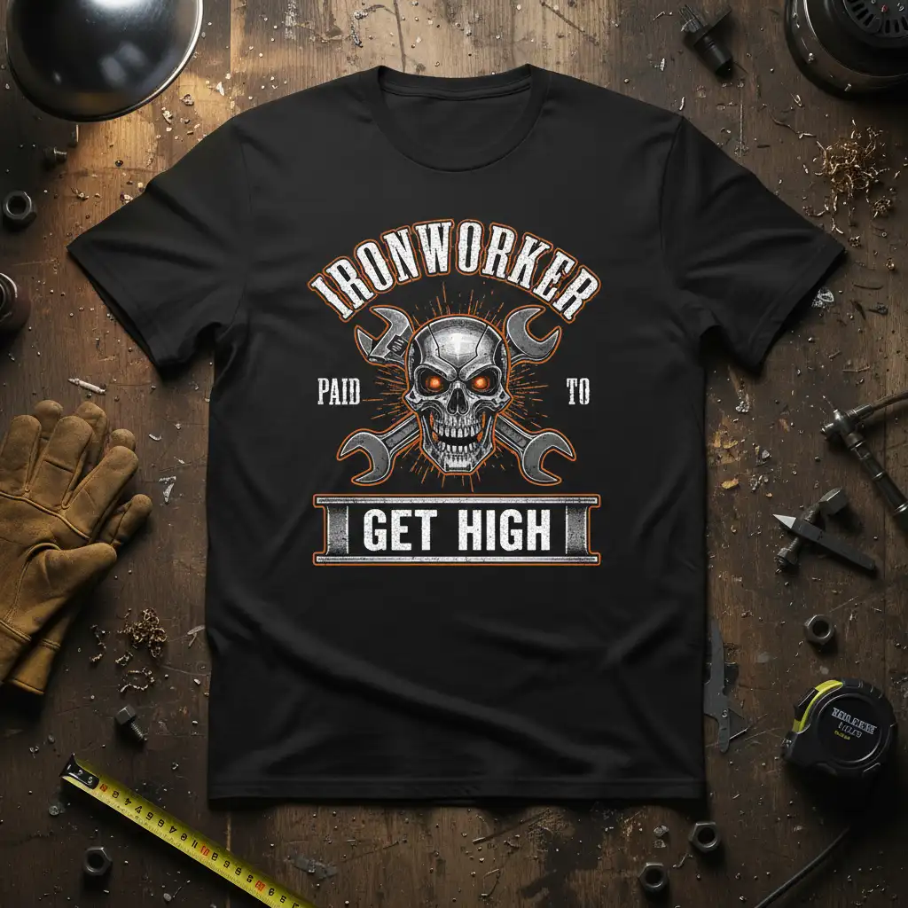 Ironworker Paid To Get High text with skull and crossed wrenches graphic on a black t-shirt