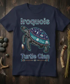 Iroquois Turtle Clan t-shirt design with turtle graphic and tribal patterns