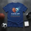 Is As Full As My Schedule text with basketball and soccer heart graphic on a blue t-shirt