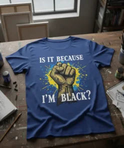 Is It Because I'm Black? quote with a golden fist graphic on a blue t-shirt