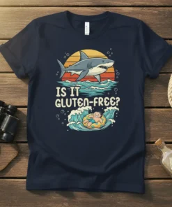 Is It Gluten-Free? funny shark t-shirt design with a cartoon shark in waves and a person on a float