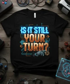 Black t-shirt with "IS IT STILL YOUR TURN?" text in glowing blue and textured orange, featuring a robotic hand holding