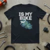 Is My Bike text design with a stylized cyclist on a bicycle, featuring tech-inspired circuit patterns