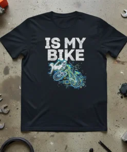Is My Bike text design with a stylized cyclist on a bicycle, featuring tech-inspired circuit patterns