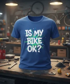 Blue t-shirt with white and green "Is My Bike Ok?" text, designed for cyclists and mechanics