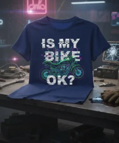 T-shirt with "IS MY BIKE OK?" text and a stylized motorcycle graphic in neon colors