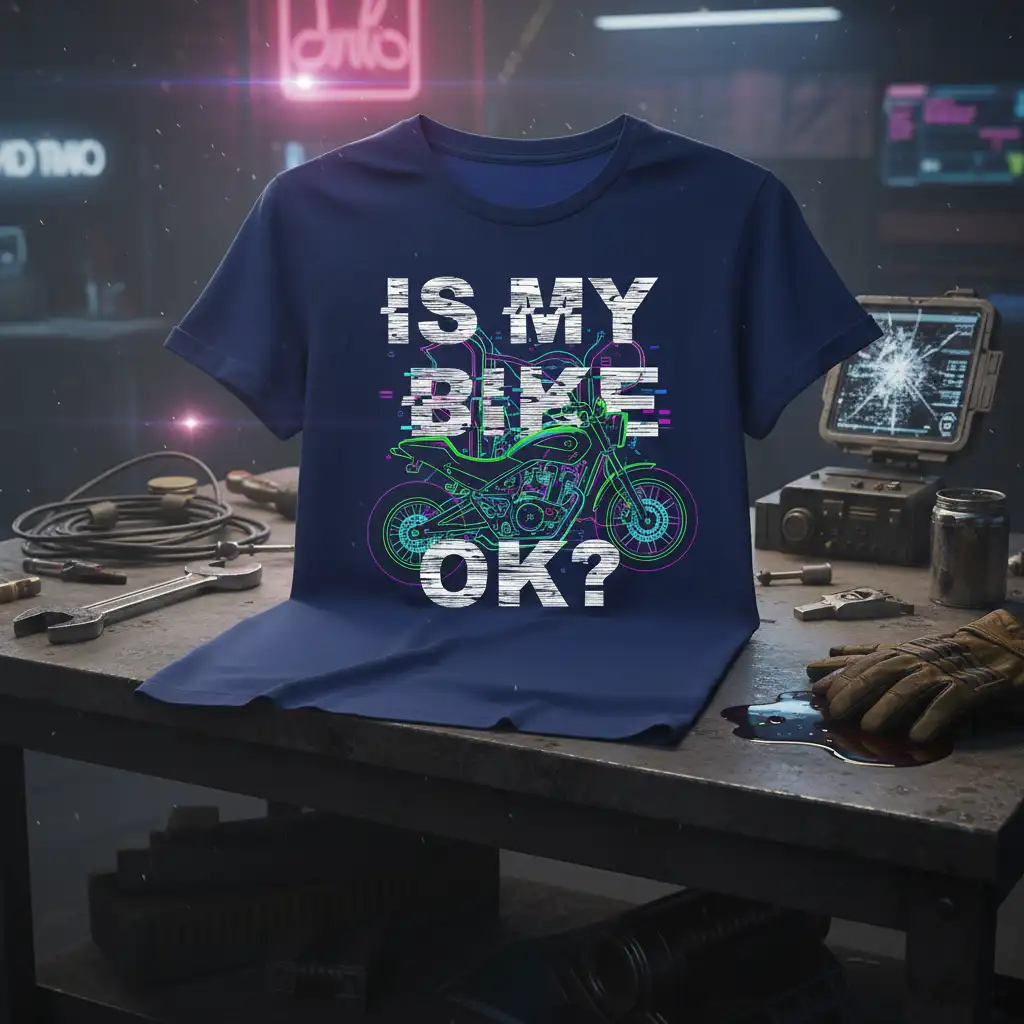 IS MY BIKE OK? text with neon outline motorcycle graphic on a navy blue t-shirt design