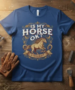 Is My Horse Ok? Is Trclblesy text with a running horse graphic and equestrian elements on a blue t-shirt