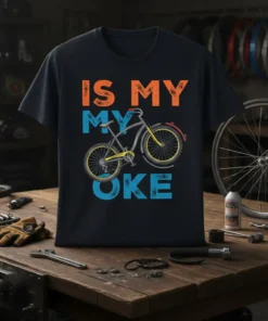 Black t-shirt with "IS MY MY OKE" text and a vintage bicycle graphic