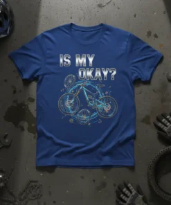Is My Okay? mountain bike design with blueprint-style illustration and text on a blue t-shirt