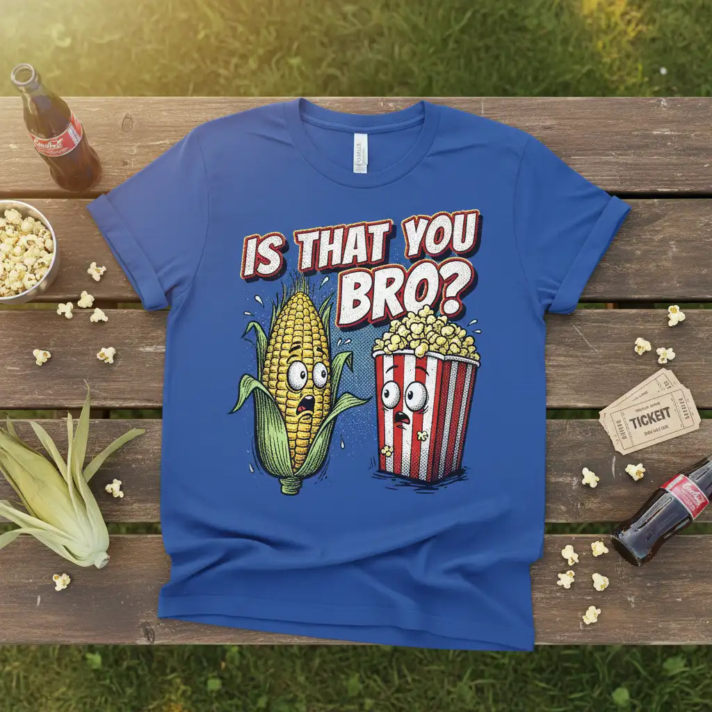 Is That You Bro? funny corn and popcorn pun t-shirt with surprised cartoon characters