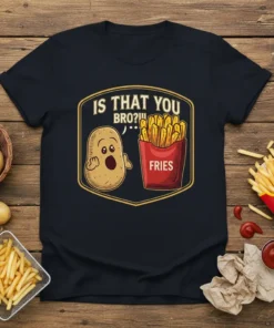 Is That You Bro Fries design with a surprised potato and a box of french fries on a dark t-shirt